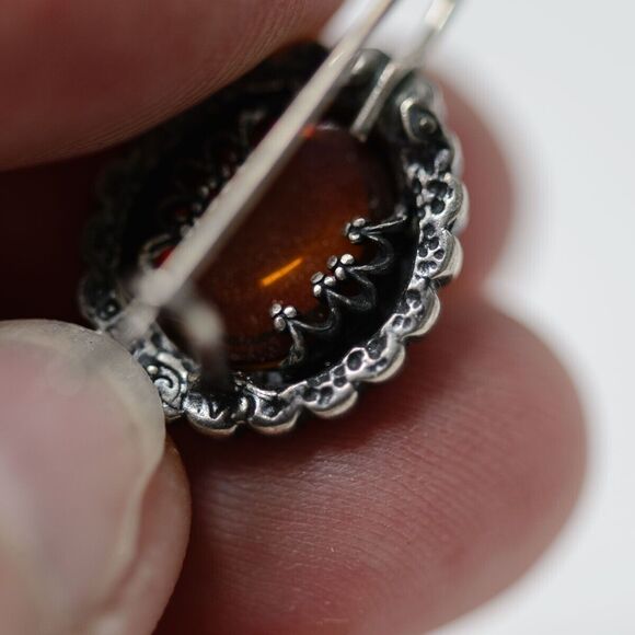Vintage Sterling Silver & Amber Oval Drop Earrings - Picture 6 of 7